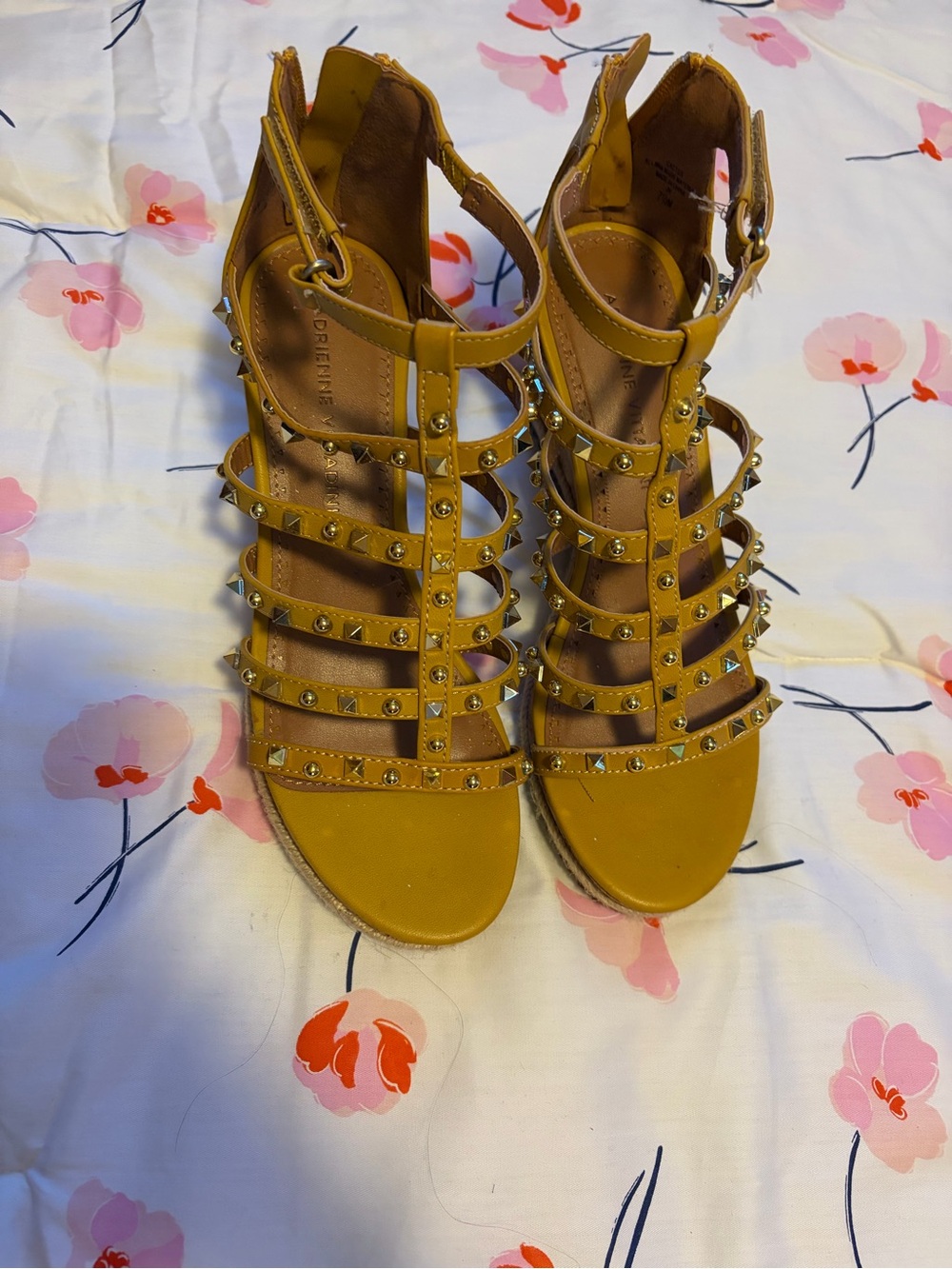 Adrienne Vittadini Mustard Yellow Studded Strappy Sandals
